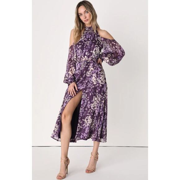 Lulu’s Storybook Sweetheart Cold Shoulder Midi Dress Floral Halter Ruffle Belted - Picture 1 of 13